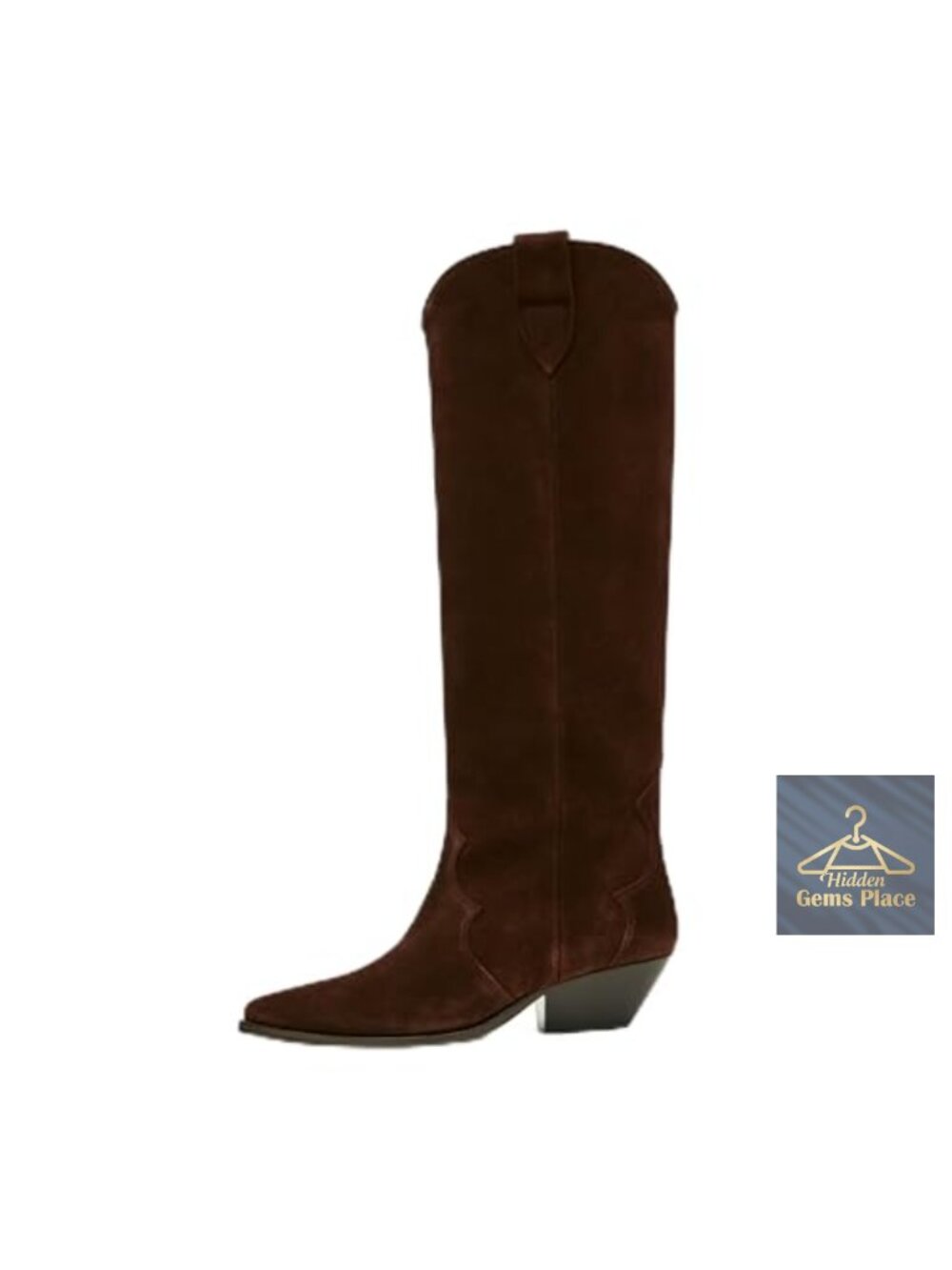 Suede Cowboy Boots Women Pointed Toe Chunky Heel Knee High Pull On
